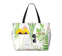 Hingor Borsa da spiaggia con stampa di girasole e mais, borsa da spiaggia impermeabile per donne, borsa da piscina pieghevole leggera con scomparto bagnato con cerniera, Giardino delle erbe di