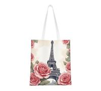 Hingor Borsa tote in tela estetica con stampa di fiori di rosa Torre Eiffel, per donne, carina, alla moda e riutilizzabile, borsa per la spesa per scuola, shopping, palestra, biblioteca e spiaggia