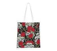 Hingor Borsa tote in tela estetica con stampa di teschio e rosa rossa per donne, carina, alla moda e riutilizzabile, borsa per la spesa, per scuola, shopping, palestra, biblioteca e spiaggia