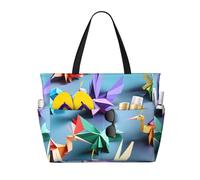 Hingor Fashion Paw Prints Art 1 Borsa da spiaggia impermeabile borsa da spiaggia borse per le donne, borsa da piscina pieghevole leggera con cerniera scomparto bagnato, Origami - Gru multicolore