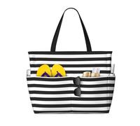 Hingor Moda Colore Acustico E Chitarre Stampa Beach Bag Impermeabile Beach Totes Borse Per Le Donne, Leggero Pieghevole Pool Bag Con Cerniera Scomparto Bagnato, A righe bianche e nere., Taglia unica