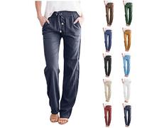 HINGTAT Pantaloni lounge da donna in puro lino, in cotone, rilassati, a vita alta, con coulisse, casual, estivi, palazzo bottoms, per casa, yoga, viaggi e abbigliamento quotidiano, blu scuro, M