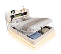 hinrey Letto imbottito intelligente, 160 x 200 cm, con LED, USB e spazio | Due superfici di riposo di diverse dimensioni per fratelli e ospiti: il vano portaoggetti mantiene gli utensili per la notte