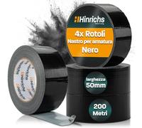 Hinrichs Nastro Adesivo Telato Nero - 4 Rotoli 50m x 50mm Gaffa - Extra Forte, Impermeabile e Larga per Uso Interno ed Esterno - Alternativa a Duct Tape, Nastro Americano e Black Gaffer Tape