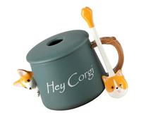 HINTRMENT Tazza in Ceramica da 420 Ml con Coperchio e Cucchiaio Decorati Corgi Tazza da Caffè Resistente al Calore per Casa Ufficio e Bar per Bevande Calde e Fredde