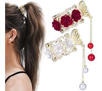 HINZIC 2 fermagli per capelli, fermagli per capelli con strass di cristallo, stile vintage, con fiore francese, per capelli lunghi, ragazze e donne (bianco rosso)