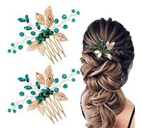 HINZIC 2 pettini per capelli da sposa, forcine per capelli con turchese verde smeraldo, foglie dorate, accessori per capelli da sposa, accessori per donne e ragazze, per feste, sposa, ballo di fine