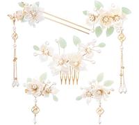 HINZIC 5 forcine per capelli con fiori di camelia, forcine per capelli con perle di cristallo, pettini vintage cinesi giapponesi Hanfu gioielli da sposa accessori per capelli lunghi da donna