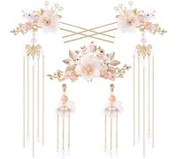 HINZIC 5 forcine per capelli in seta con fiori e perle, fermagli per capelli con strass e perle, accessorio per capelli da sposa cinese Hanfu, gioielli per donne e ragazze, capelli lunghi