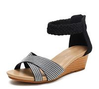 HIONRE Sandali con Zeppa Comode Cuoio Platform Sandalo,Sandali con Zeppa Traspiranti, Sandali alla Moda Intrecciati, Neri, 42,Signora Sandali con Plateau