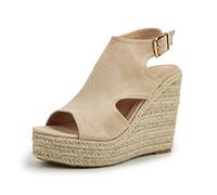 HIONRE Sandali con Zeppa Comode Cuoio Platform Sandalo,Scarpe da Donna con Fibbia in Corda di Canapa, Sandali con Tacco Alto e Plateau, Beige, 38,Signora Sandali con Plateau