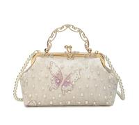 HIOPOIUYT Borsa da sera da donna a forma di conchiglia accattivante con catena a tracolla staccabile Borsa a tracolla di lusso con perle decorazione elegante borsa da sera ricamata, bianco, One Size