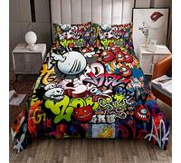 Hip Hop Decor Comforter Cover Hippie Graffiti Stile Biancheria Da Letto Set Cultura Stradale Copripiumino Moderno Grafica Parete Urban Art Copriletto Decorazione Camera Singola Trapunta 2 Pz