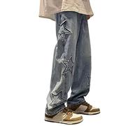 Hip Hop Jeans da uomo Baggy Skateboard Jeans Adolescenti Ragazzi Star Patch Straight Denim Jeans Pantaloni Larghi Pantaloni Uomo Baggy Fit Jeans con Abbottonatura Jeans Pantaloni Streetwear, Blu, XL