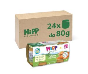 HiPP - Omogeneizzato Biologico per Neonati, Gusto Carote e Lenticchie, Fonte di Proteine Vegetali, 24 Vasetti da 80 gr