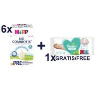 HiPP Pre BIO Combiotik 6x600g plus 1xPampers sensitiv Feuchttücher