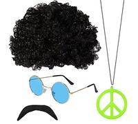 Hippie Accessories - Costume Hippy Anni '70, Collana con Segno di Pace Anni '60, Set di Accessori Funky Afro, Bicchieri Rotondi Lennon Baffi e Collana della Pace, Accessori Anni '70