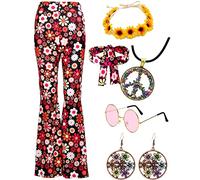 Hippie, costume da donna con pantaloni a zampa, colorato hippie Peace, fascia per occhiali anni '60 e anni '70, alla moda, per feste, boho, hippie e hippie, abbigliamento da donna