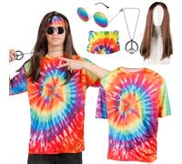 Hippie, costume da uomo e donna, set anni '60 '70 '80, abbigliamento da uomo hippie, abbigliamento con maglietta, occhiali hippie, parrucca per la testa, abbigliamento da discoteca, costume da