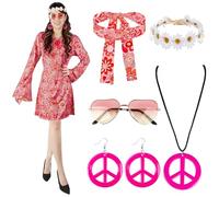 Hippie D11, 6 pezzi, costume hippie, da donna, anni '60, anni '70, fascia hippie + fascia per capelli+occhiali+collana+orecchini, abbigliamento da discoteca hippie da donna per feste di carnevale