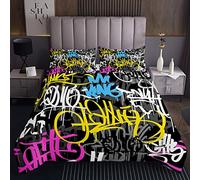 Hippie Graffiti Set Trapunta Hip Hop Decor Coverlet per Bambini Ragazzi Ragazze Graffiti Trapuntato Copriletto Copriletto Trapuntato Alfabeto Inglese con 1 Federa 2 Pz Biancheria Singola170X230cm