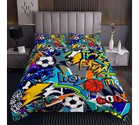 Hippie Graffiti Style Coverlet Set Bambini Copriletto Per Ragazzi Ragazze Bambini Calcio Basket Graffiti Trapuntato Coverlet Morbido Luminoso Sport A Tema Decor Trapuntato Dimensione170X230cm