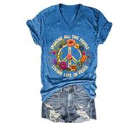 Hippie Imagine All The People Living in Peace Shirt Stampato V-Neck Loose T-Shirt Peace Shirt Tops, Blu, s