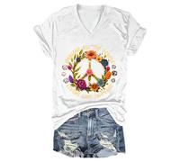 Hippie Imagine All The People Living in Peace Shirt Stampato V-Neck Loose T-Shirt Peace Shirt Tops, bianco, m