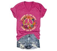 Hippie Imagine All The People Living in Peace Shirt Stampato V-Neck Loose T-Shirt Peace Shirt Tops, Colore: rosa., L