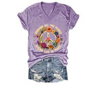 Hippie Imagine All The People Living in Peace Shirt Stampato V-Neck Loose T-Shirt Peace Shirt Tops, Lilla, L