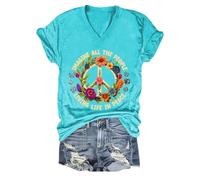 Hippie Imagine All The People Living in Peace Shirt Stampato V-Neck Loose T-Shirt Peace Shirt Tops, verde, s