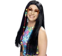 Hippie Parrucca 1960s 70s Adulti Costume Hippy lungo Dritto Parrucca Nera Biondo