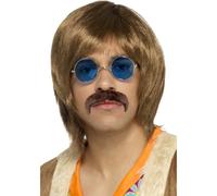 Hippie Parrucca + Baffi + Occhiali Adulti 60s Hippy Cantante Kit Marrone Da