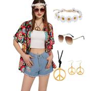 Hippie Top da donna hawaiani, set da camicetta Flower Power anni '80, camicia vintage da donna anni '90, abbigliamento casual retrò, Nero , S