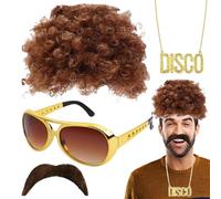 Hippie Wige Costume and Accessoriess Suit, Afro Waig | Funky Hiappie Cosstume with Wfig Sunglasses Necklace Mustache | Hippiee Accessories for 50/60/70s Tema Parties, Halloween Partides, Christmas