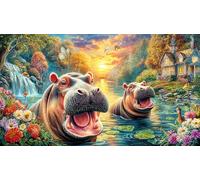 Hippos-in-a-Magical-Landscape Puzzle 1000 pezzi Sfida di gioco educativo Carta riciclata Gioco stimolante per relax, creatività e regali 38x26/1000 pezzi