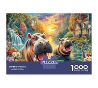 Hippos in River at Sunset Puzzle Wildlife 1000 Pezzi Per Adulti - Rilassamento E Gioco Familiare, Come Regalo E Decorazione Da Parete 52x38cm/1000pcs