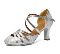 HIPPOSEUS Scarpe da Ballo Glitterate Argento Latino Americano per Donna con Punta Chiusa Scarpe da Danza da Sala per Il Valzer e Tango Tacco 7cm,36.5 EU