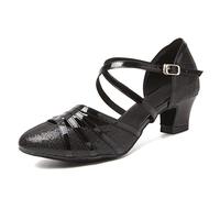 HIPPOSEUS Scarpe da Ballo Glitterate Nero Latino Americano per Donna con Punta Chiusa Scarpe da Danza da Sala per Il Valzer e Tango Tacco Basso 4 cm,38.5 EU