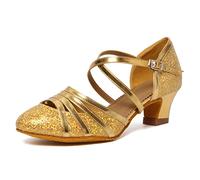 HIPPOSEUS Scarpe da Ballo Glitterate Oro Latino Americano per Donna con Punta Chiusa Scarpe da Danza da Sala per Il Valzer e Tango Tacco Basso 4 cm,35 EU