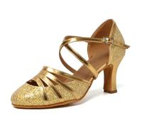 HIPPOSEUS Scarpe da Ballo Glitterate Oro Latino Americano per Donna con Punta Chiusa Scarpe da Danza da Sala per Il Valzer e Tango Tacco 7cm,36 EU