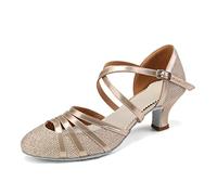 HIPPOSEUS Scarpe da Ballo Glitterate Oro Latino Americano per Donna con Punta Chiusa Scarpe da Danza da Sala per Il Valzer e Tango Tacco 5cm,39 EU