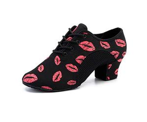 HIPPOSEUS Scarpe da Ballo Latino Donna Stringate con Punta Chiusa Tacco Basso Scarpa Allenamento da Ballo Moderno e Salsa, Labbra Rosa, Tacco 5 cm, 36 EU