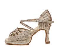 HIPPOSEUS Scarpe da Ballo Latino Oro Champagne da Donna con Plateau sull'avampiede e Sandali da Ballo con Strass e Altezza Tacco 9 cm,37.5 EU