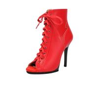 HIPPOSEUS Stivaletti da Ballo Rosse Donna con Punta Aperta Tacchi Alti 11cm Scarpe da Ballo Ballare Heels con Lacci y Cerniera Laterale,35 EU