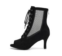 HIPPOSEUS Stivali da ballo Latino Americano Donna con Punta Aperta Camoscio Nero Salsa Bachata da Sala Stivaletti da Ballo Tacco 7 cm per la Danza al Coperto, 37.5 EU