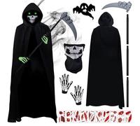 HIQE-FL Costume da Triste Mietitore,Costume da Mietitore di Halloween,Costume unisex Triste Mietitore,Scream Costume con Maschera,Guanti per Halloween Carnevale, 140, Nero