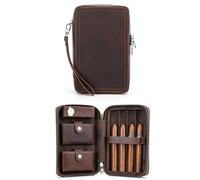 Hiram Custodia per sigari in vera pelle per 4 sigari, scatola portatile per sigari con tagliasigari e tasca per accendino, borsa multifunzionale per sigari con umidificatore integrato e igrometro