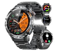 HIRREO Orologio da uomo per Android iOS con chiamata Bluetooth 1,43" AMOLED rotondo Smartwatch uomo nero acciaio torcia LED 530 mAh batteria, monitor sanitario, 100+ sport, pedometro