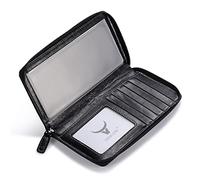 HISCOW - Custodia per libretto degli assegni con cerniera e porta carte con divisore, in pelle di vitello italiana, Nero anticato, Taglia unica, classico